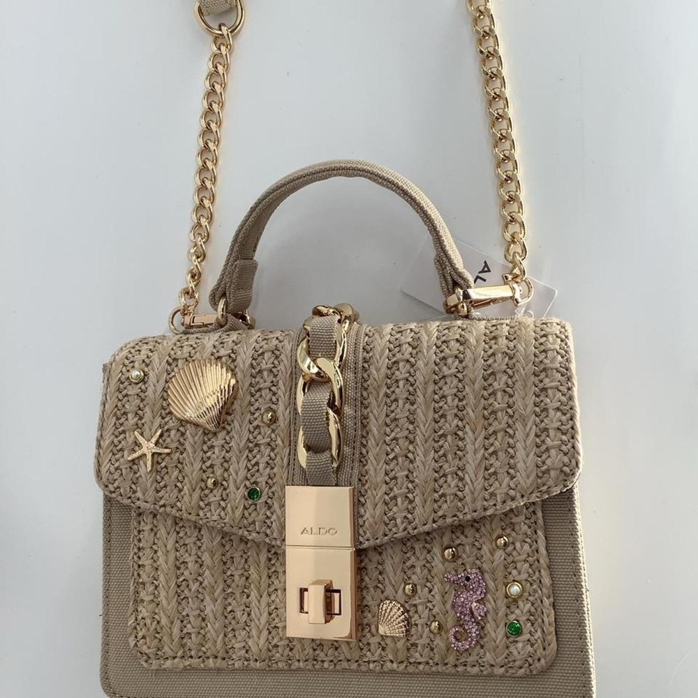 Aldo Tan Cream Woven Shell Starfish Seahorse Crossbody Handbag Gold Accents NEW